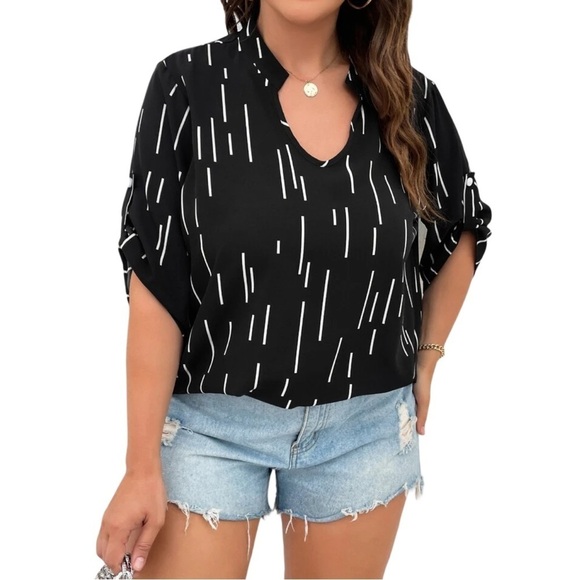 Women’s Plus Size Black Geometric Striped Roll Tab Sleeve Popover Blouse Top - Picture 2 of 10